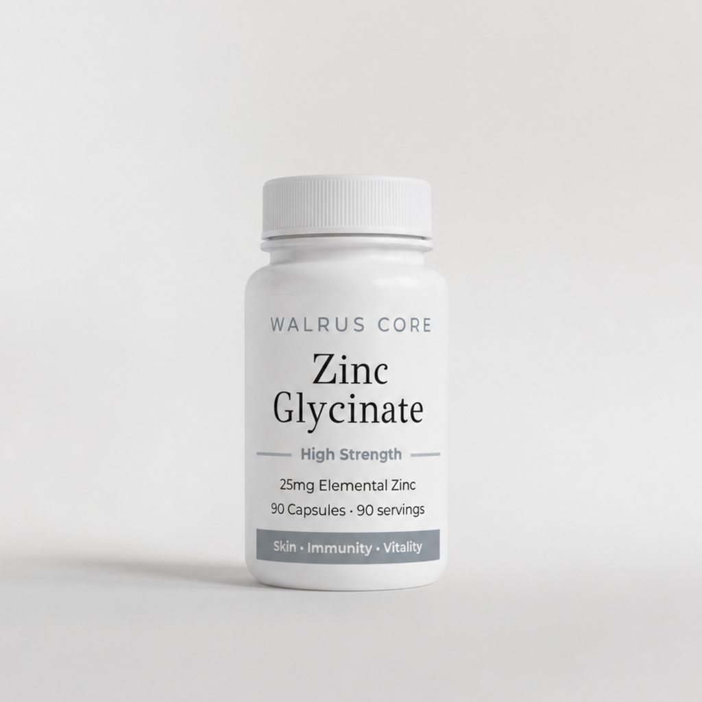 Supplement bottle labeled 'Zinc Glycinate' by Walrus Core on a light gray background