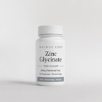Supplement bottle labeled 'Zinc Glycinate' by Walrus Core on a light gray background