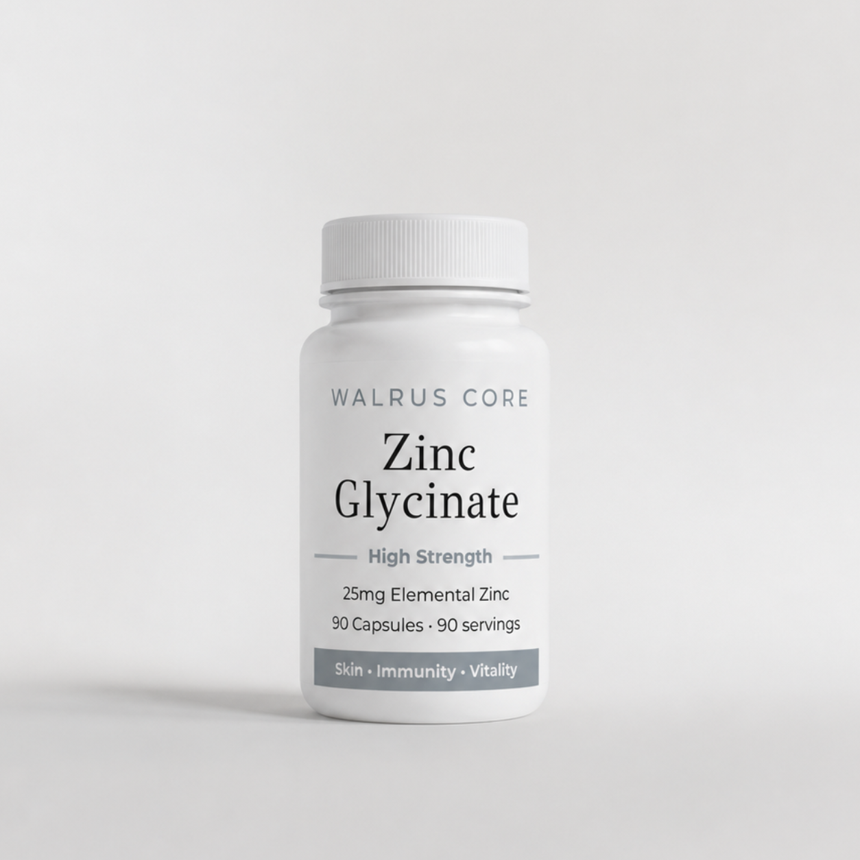 Supplement bottle labeled 'Zinc Glycinate' by Walrus Core on a light gray background