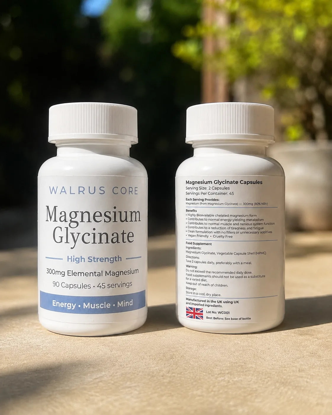 Walrus Core Magnesium Glycinate, front and back of bottle